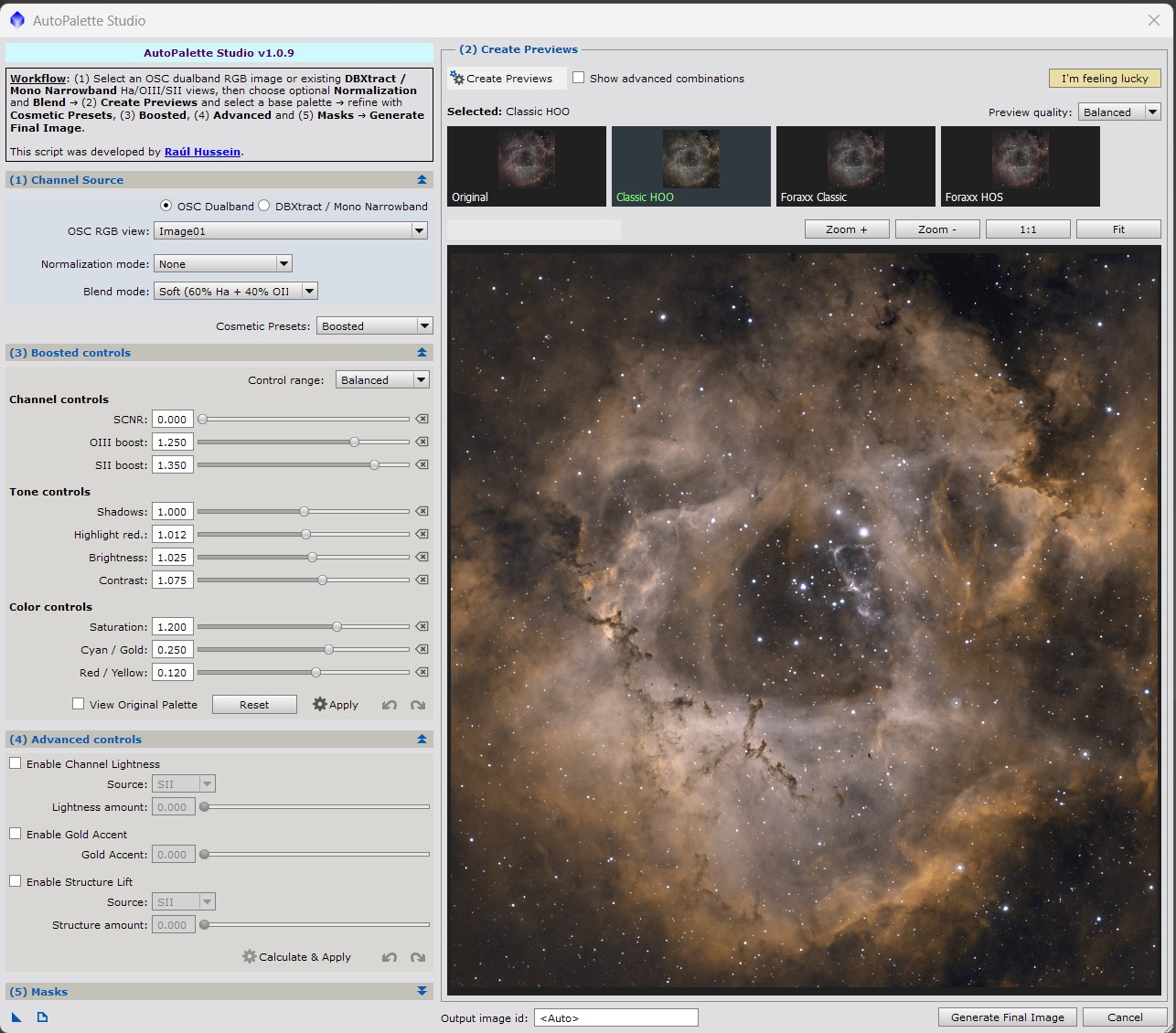 AutoPalette Studio dialog in PixInsight